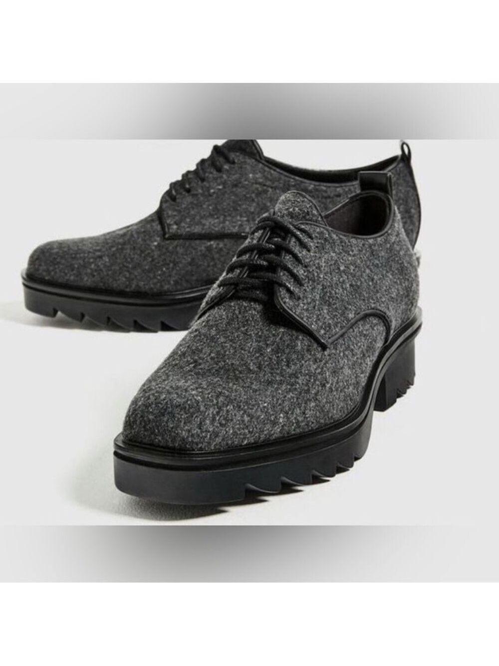 Zara Platform Blucher Track Wool Preppy Collegiate Oxford Chunky Shoes Gray Felt